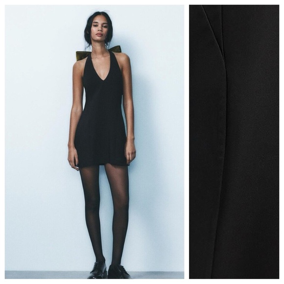 NWT. Zara Black Maxi Bow Velvet Short V-Neck Dress. Size M. - Picture 2 of 15